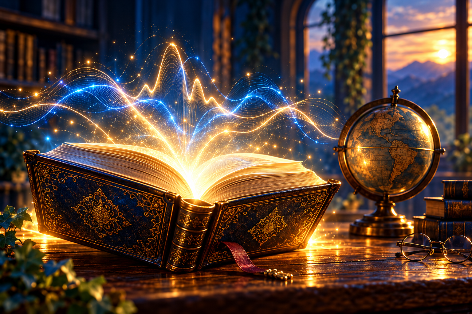 Libro abierto iluminado, símbolo del conocimiento y el aprendizaje