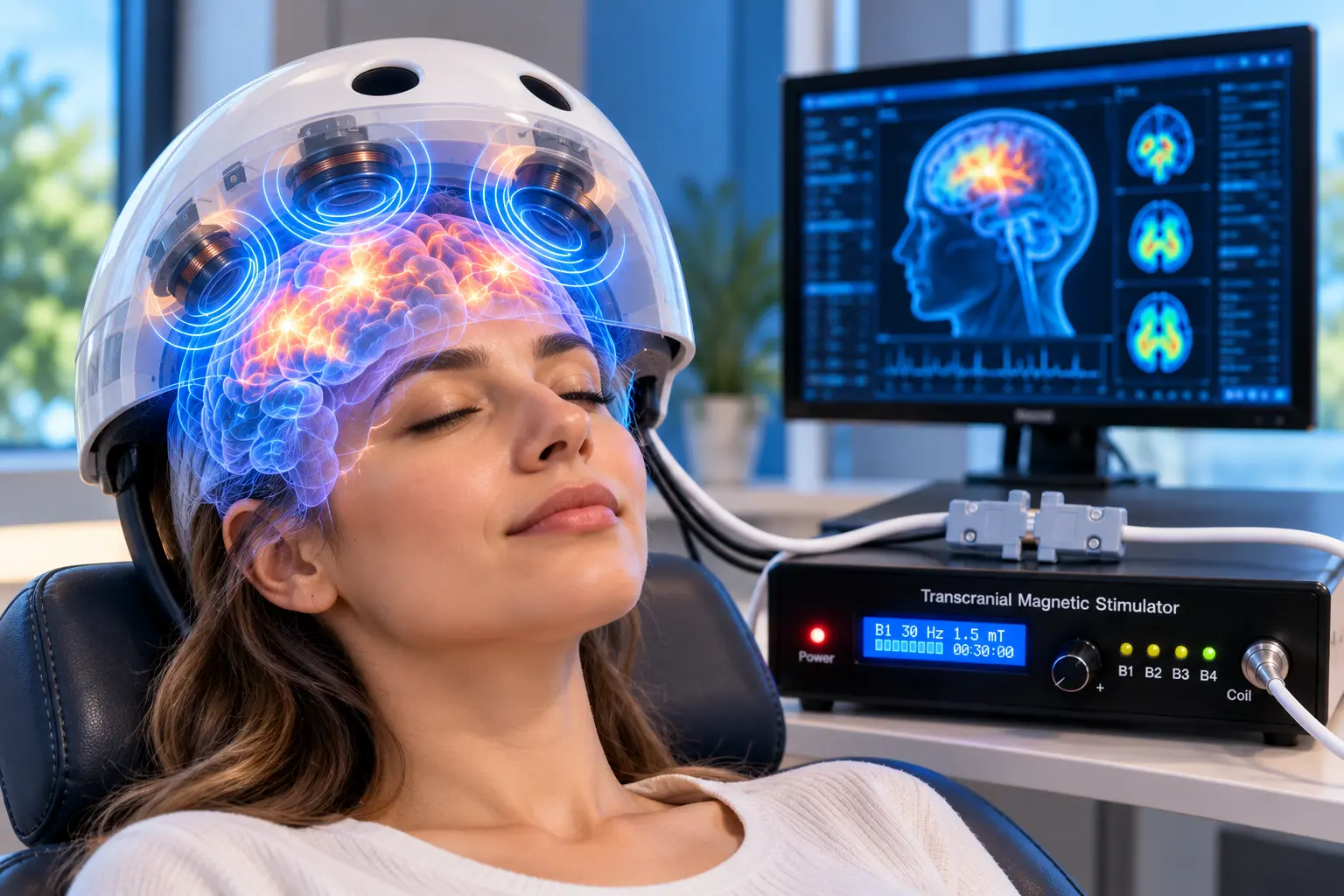 Representación de estimulación magnética transcraneal con sistema de cuatro bobinas